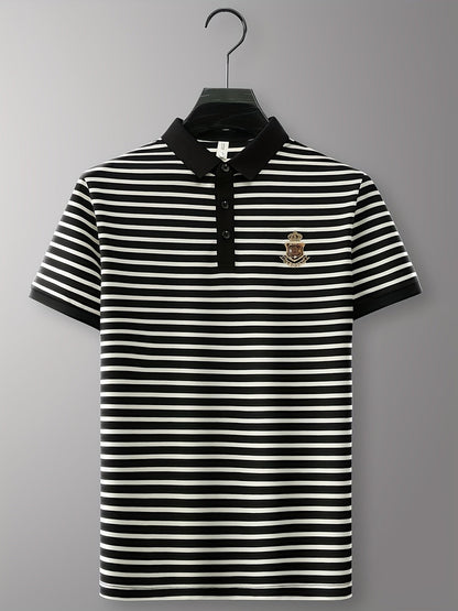 Men's Polo Shirt with Stripe Pattern and Chest Emblem – Classic, Short Sleeve, Smart-Casual for Leisure and Office