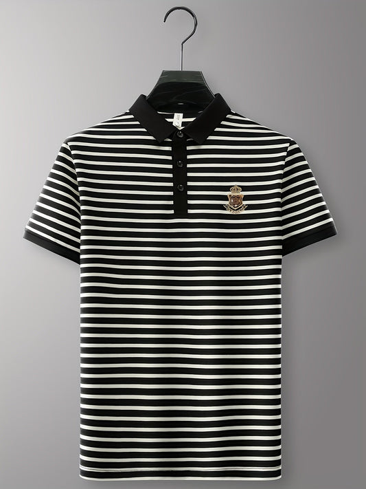 Men's Polo Shirt with Stripe Pattern and Chest Emblem – Classic, Short Sleeve, Smart-Casual for Leisure and Office