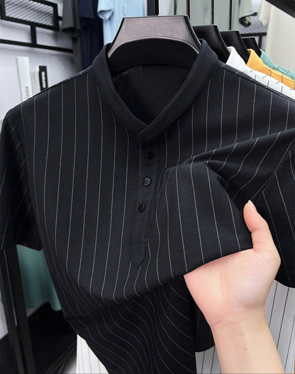 Men's Short-Sleeve Shirt with Stand-Up Collar and Pinstripes – Modern Casual and Business Design