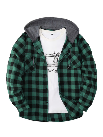 Men’s plaid hooded shirt with button placket
