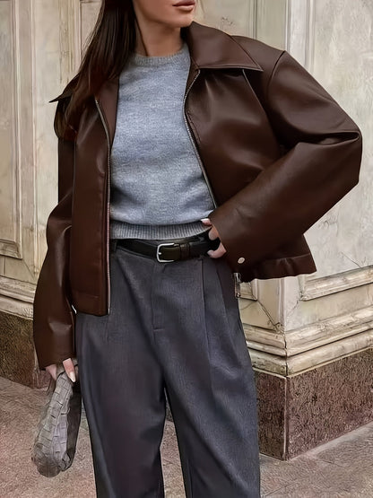Women's leather-look bomber jacket with zipper and collar
