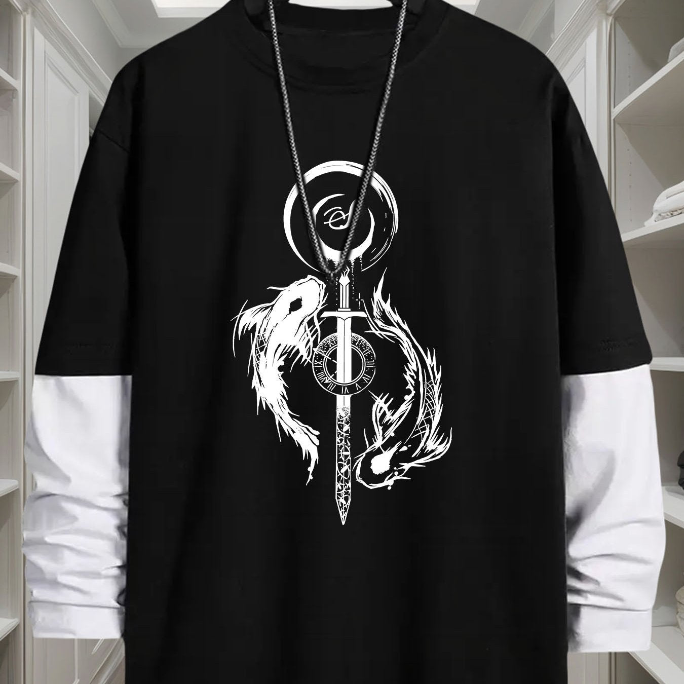 Unisex long-sleeve shirt with layered look, sword and fish graphic, black and white