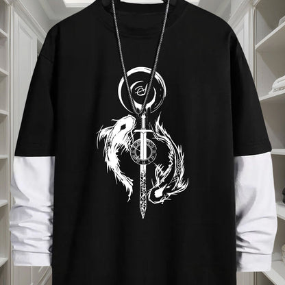 Unisex long-sleeve shirt with layered look, sword and fish graphic, black and white
