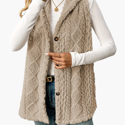 Women's knitted vest with hood and buttons – Elegant casual vest for autumn and winter