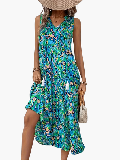 Women's Summer Dress Elegant Sleeveless with Allover Print and Tassels for Leisure and Vacation