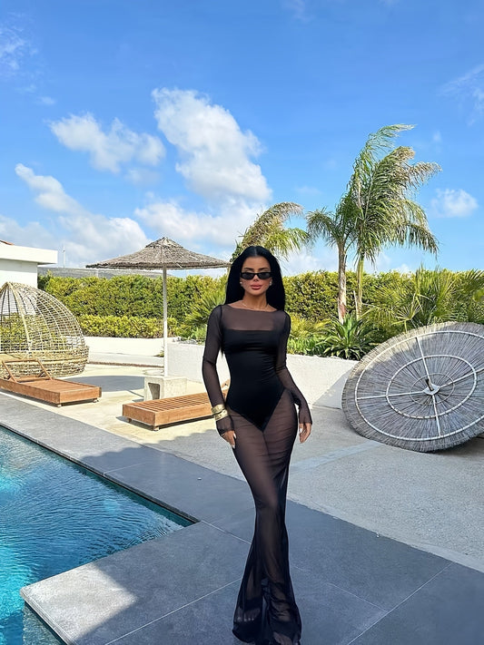 Women's Maxi Dress Beach Cover-Up Elegant Sheer Fitted Vacation Pool Party