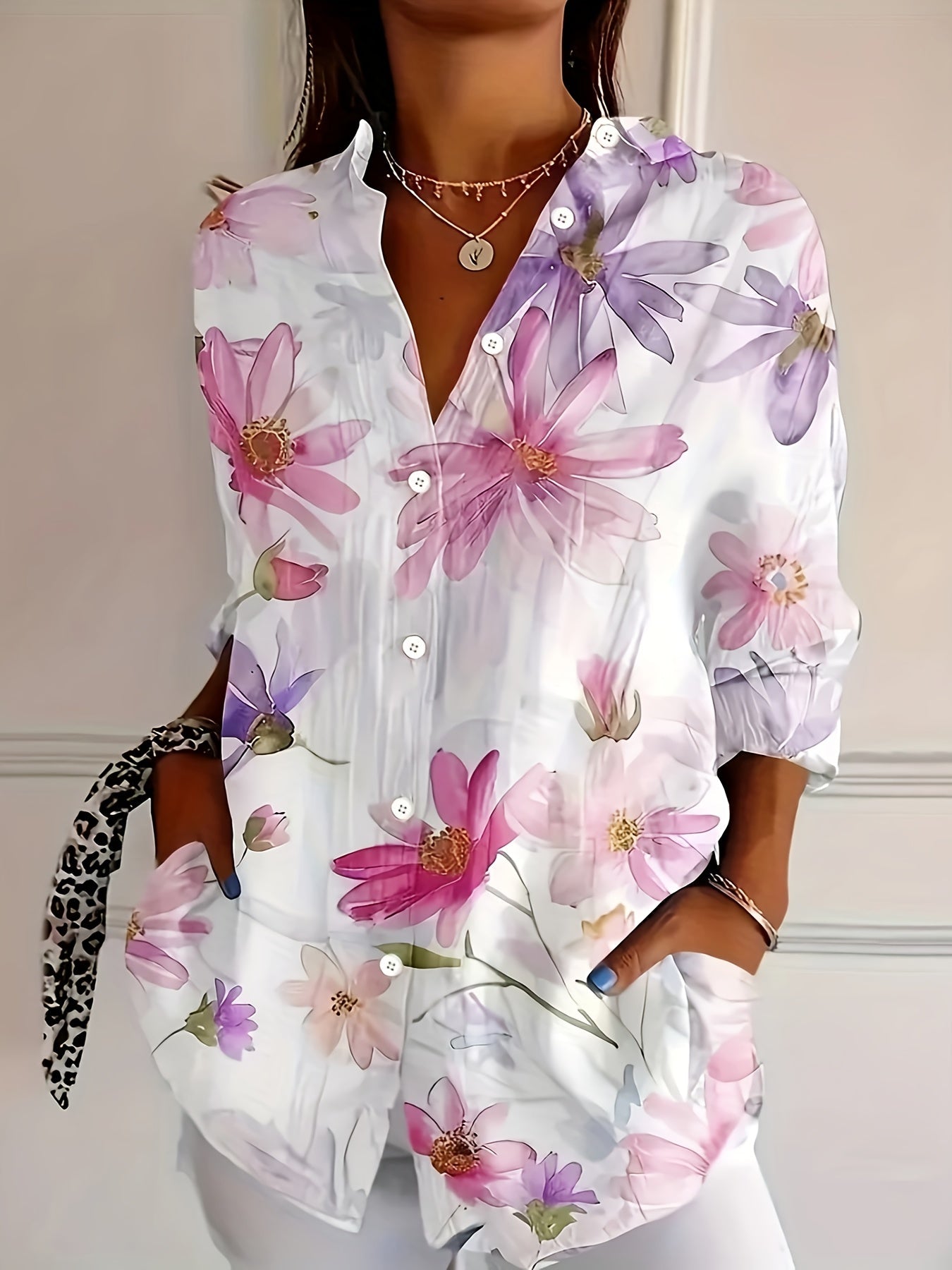 Women's Blouse with Floral Pattern – Elegant Long-Sleeve Shirt Blouse for Spring and Summer, Casual & Office