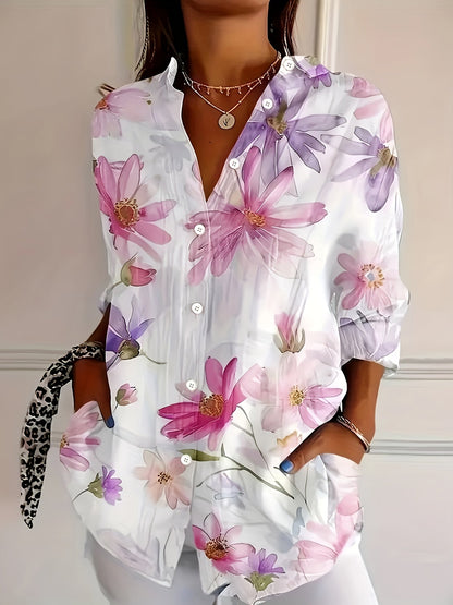 Women's Blouse with Floral Pattern – Elegant Long-Sleeve Shirt Blouse for Spring and Summer, Casual & Office