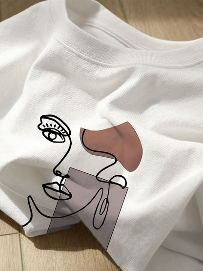 Women's T-shirt with Abstract Face Print, Modern Art Style, Casual Fashion