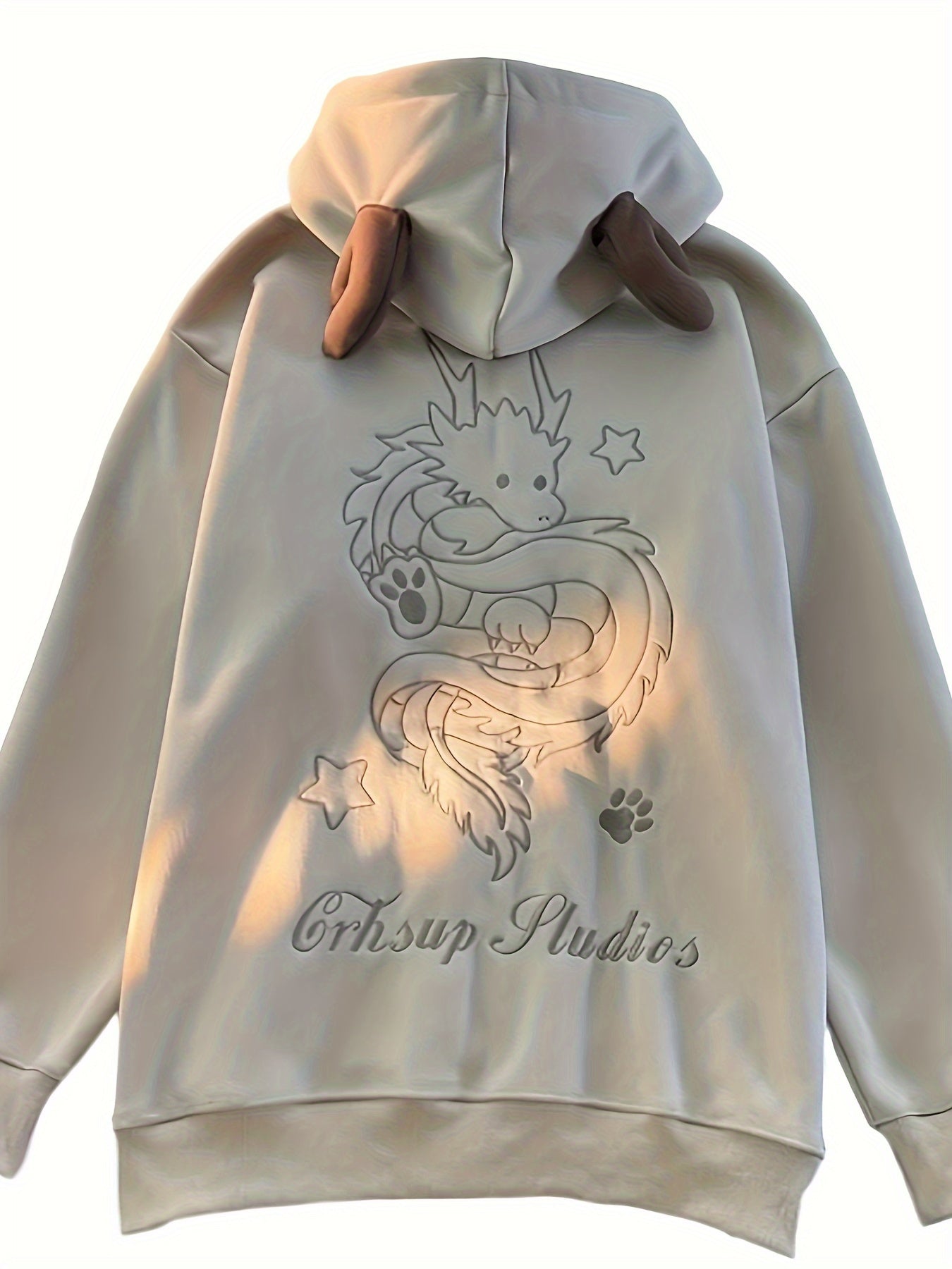 Beige zip-up hoodie with dragon embroidery and antler hood