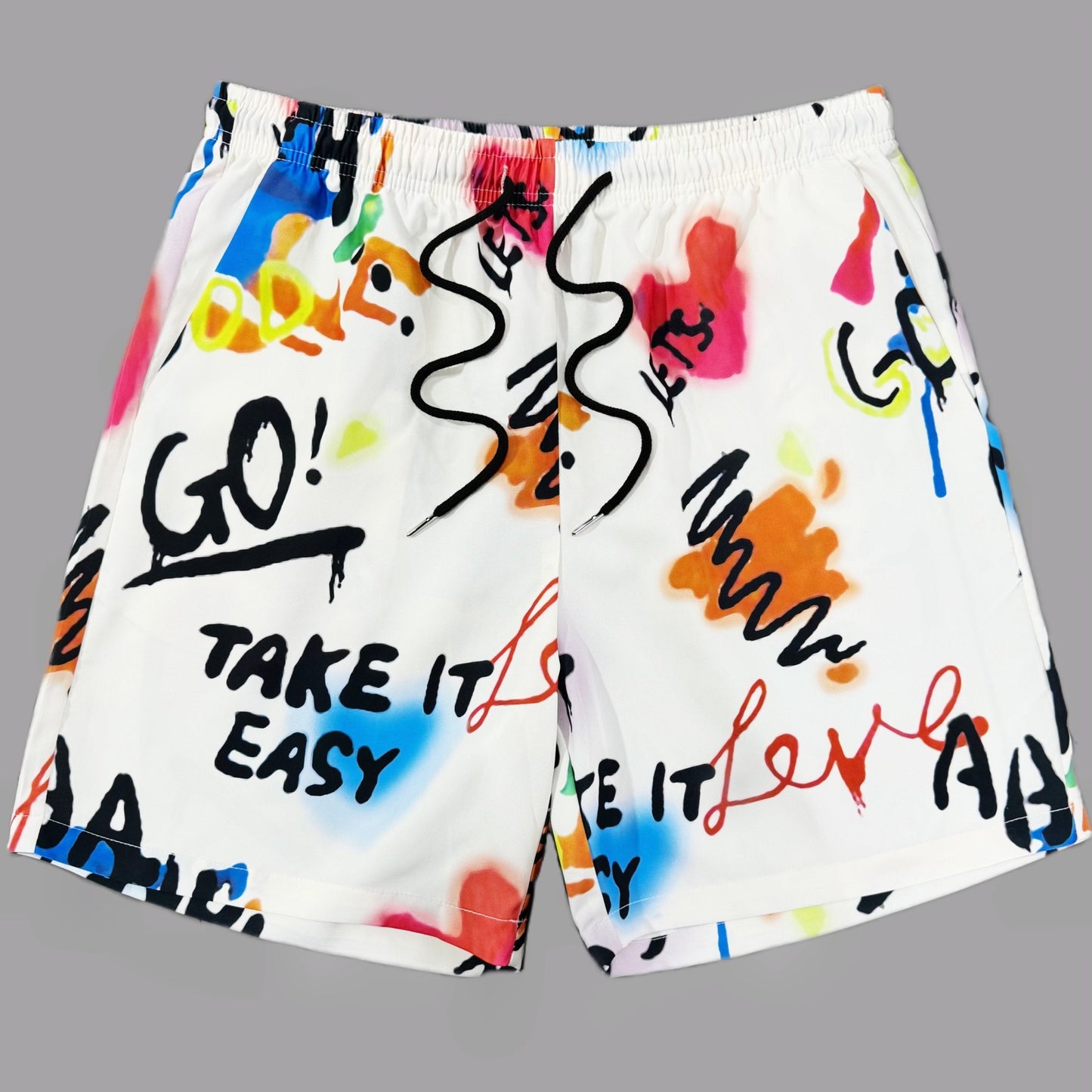 Men's Streetwear Shorts with Graffiti Print and Motivational Quote – Casual Summer Pants for Leisure and Beach