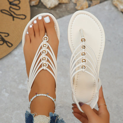 Women's Thong Sandals with Pearl Decoration – Fashionable Summer Slip-Ons for Vacation & Leisure