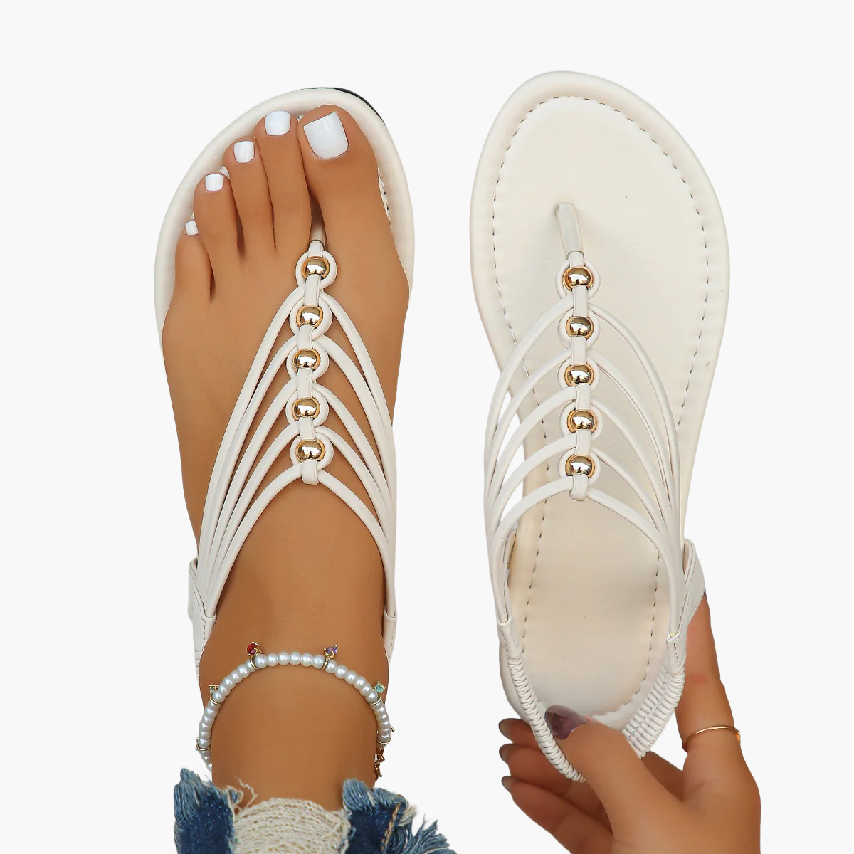 Women's Thong Sandals with Pearl Decoration – Fashionable Summer Slip-Ons for Vacation & Leisure