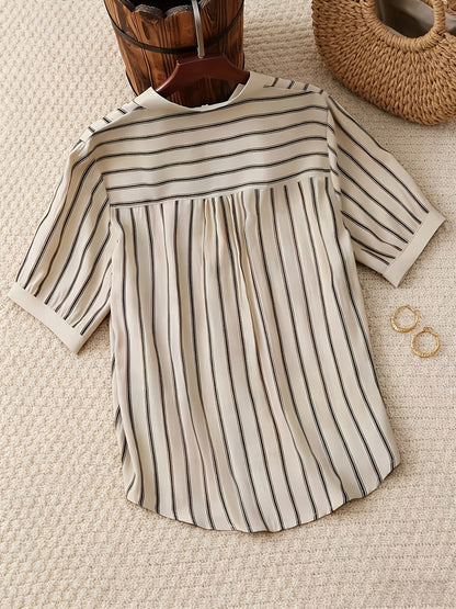 Women's short-sleeve blouse with stand-up collar and button placket – Casual stripes, summer tunic, office & leisure