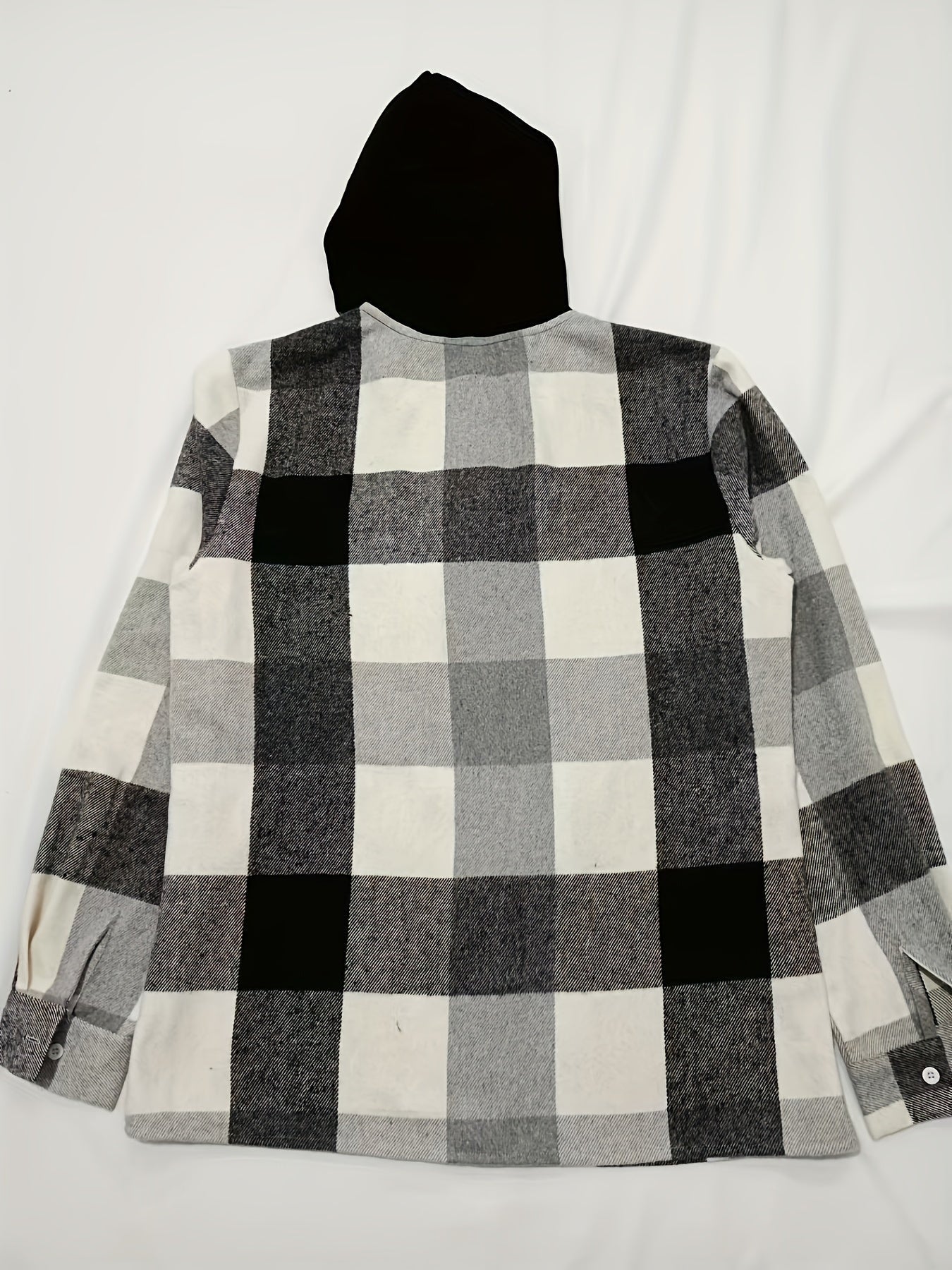 Men's checkered hooded shirt, button placket, black and white
