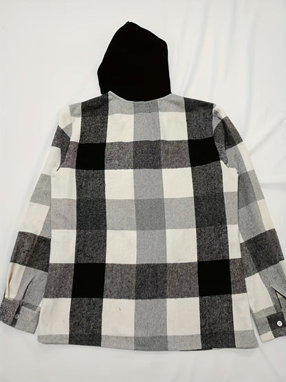 Men's checkered hooded shirt, button placket, black and white