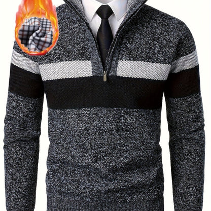 Men's knitted sweater with a stand-up collar and zipper, striped, softly lined inside