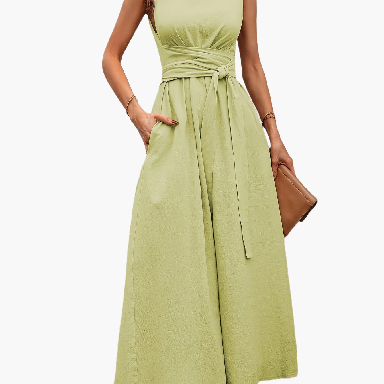Women's Elegant Sleeveless Jumpsuit with Tie Belt and Wide Legs – Perfect for Summer and Leisure