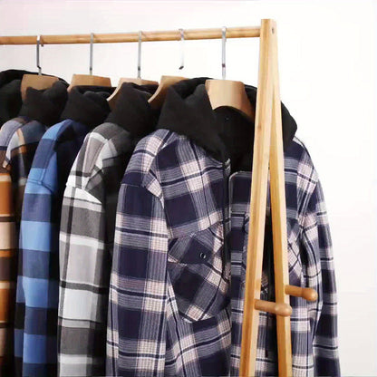 Men's checked flannel shirt with hood, lined, warm casual jacket, long sleeve