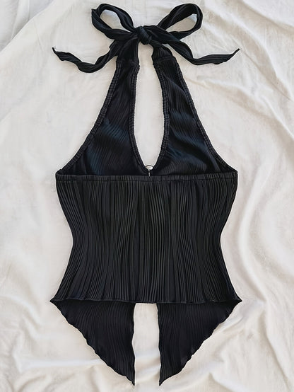 Women's halterneck trendy top with pleated folds and metal detail – fashionable statement for party & summer