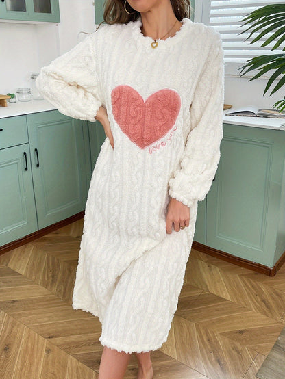 Women's Nightgown, Cozy Plush Long-Sleeve Nightdress with Heart Pattern, White