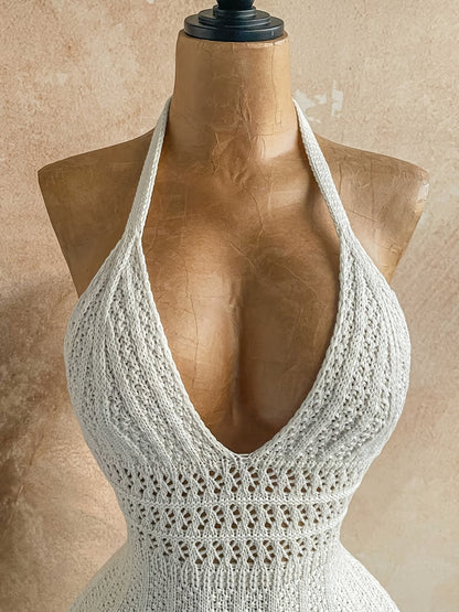 Women's Crochet Beach Jumpsuit with V-Neck and Halter Straps – Boho Summer Jumpsuit for Vacation & Leisure