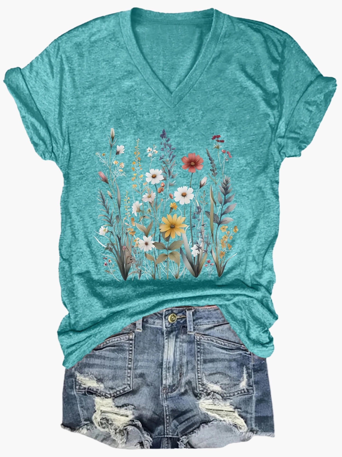 Damen V-Ausschnitt T-Shirt mit Blumenmuster – Lässiger Sommerstyle für Alltag & Freizeit
