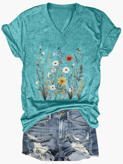 Damen V-Ausschnitt T-Shirt mit Blumenmuster – Lässiger Sommerstyle für Alltag & Freizeit