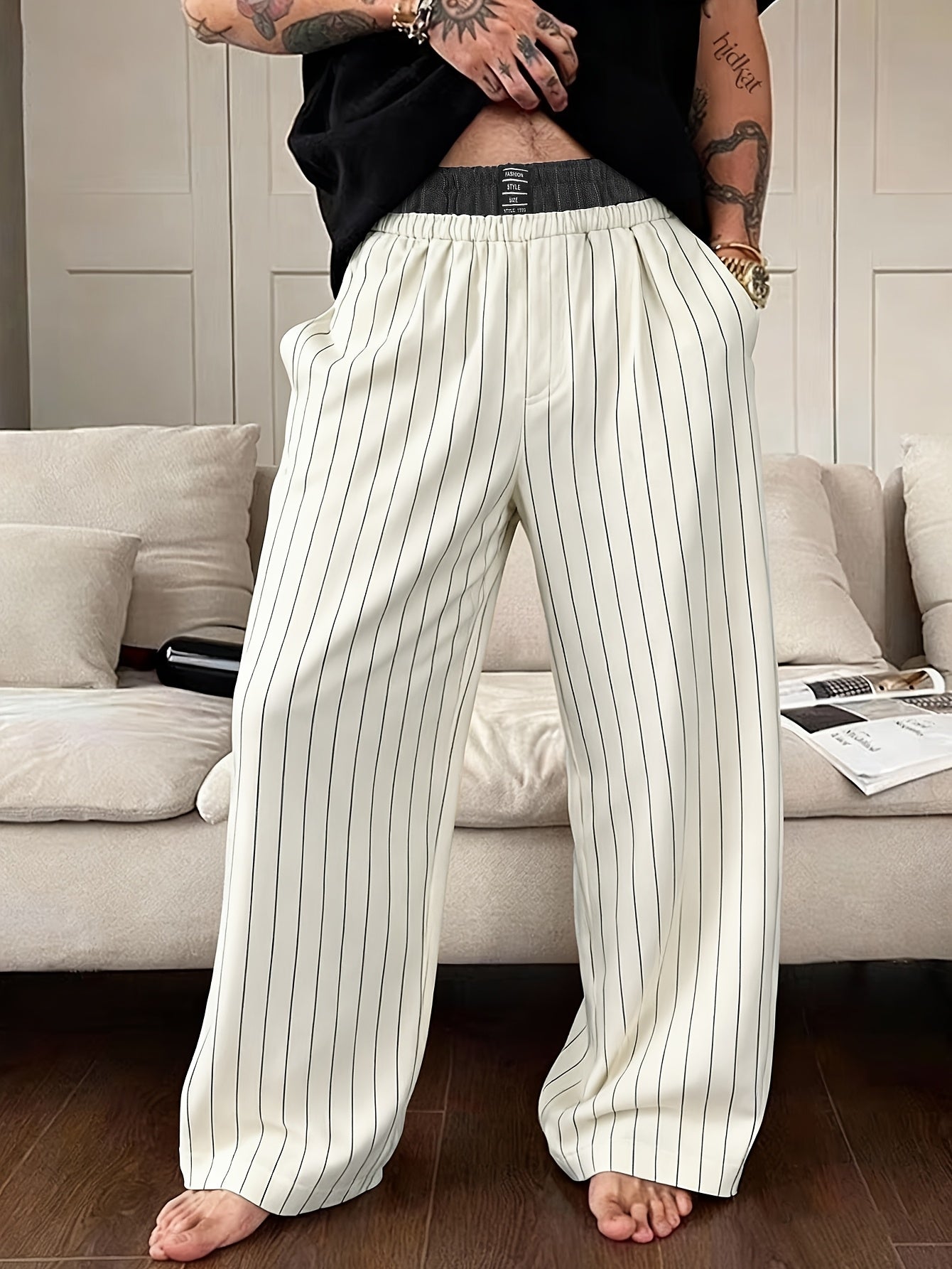 Men's Wide Lounge Pants with Pinstripes – Modern Relaxed Fit for Leisure & Home Office