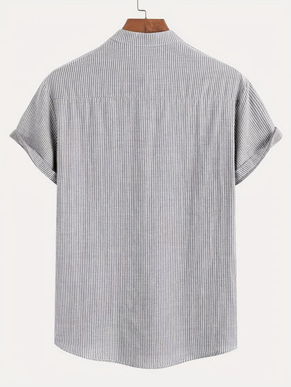Men's Short Sleeve Henley Shirt with Stand Collar and Stripes – Modern Casual Shirt