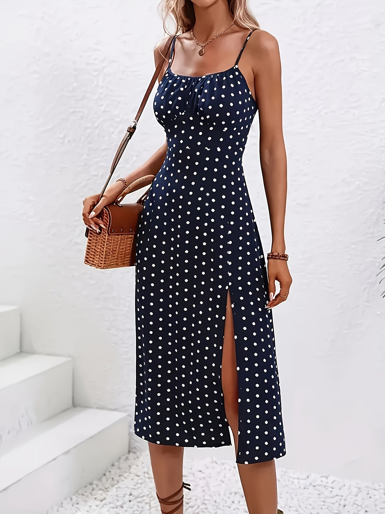 Women's Elegant Midi Dress Polka Dots with Slit and Spaghetti Straps – Perfect for Spring & Summer