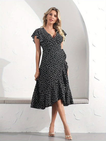Women's Wrap Dress with Polka Dots and Ruffle Sleeves – Elegant Summer Look for Everyday and Leisure