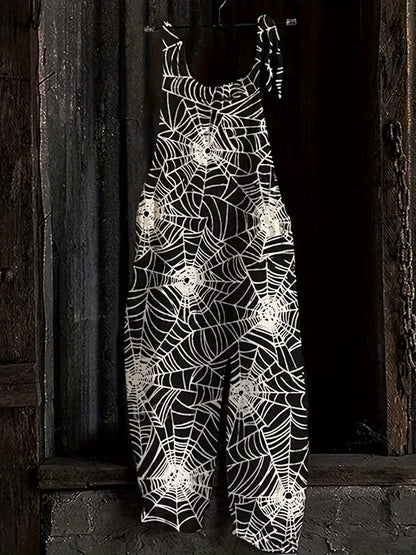 Damen Jumpsuit Spinnennetz-Muster Schwarz Träger zum Binden Weites Bein Lässiger Overall