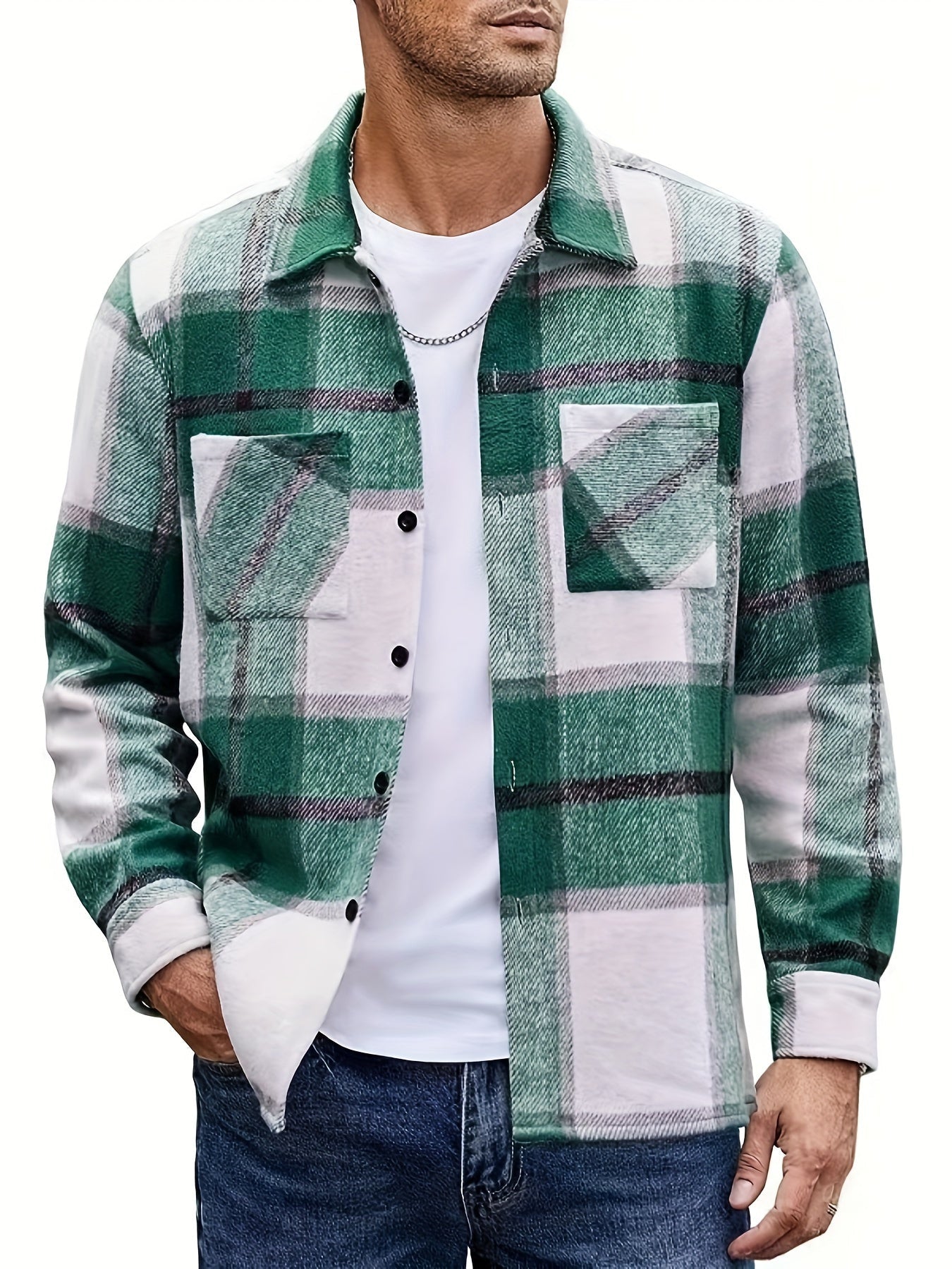 Men's Plaid Shirt Jacket, Long Sleeve, with Chest Pockets, Casual Shacket