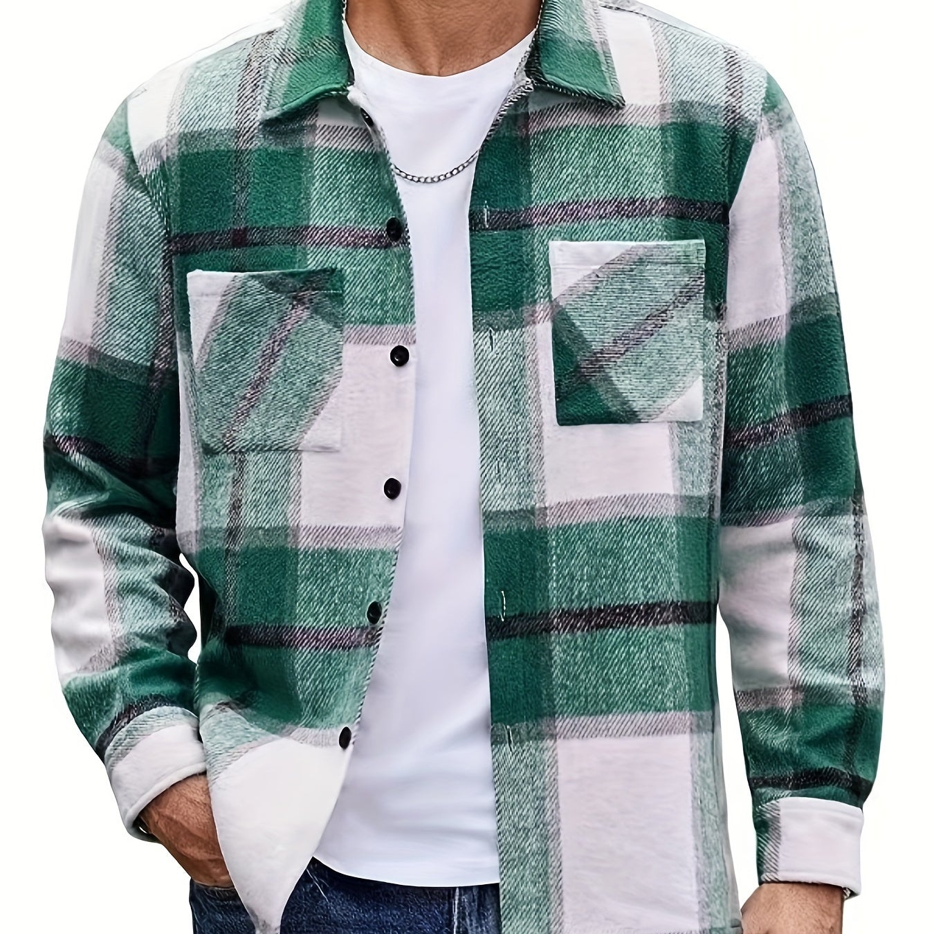 Men's Plaid Shirt Jacket, Long Sleeve, with Chest Pockets, Casual Shacket