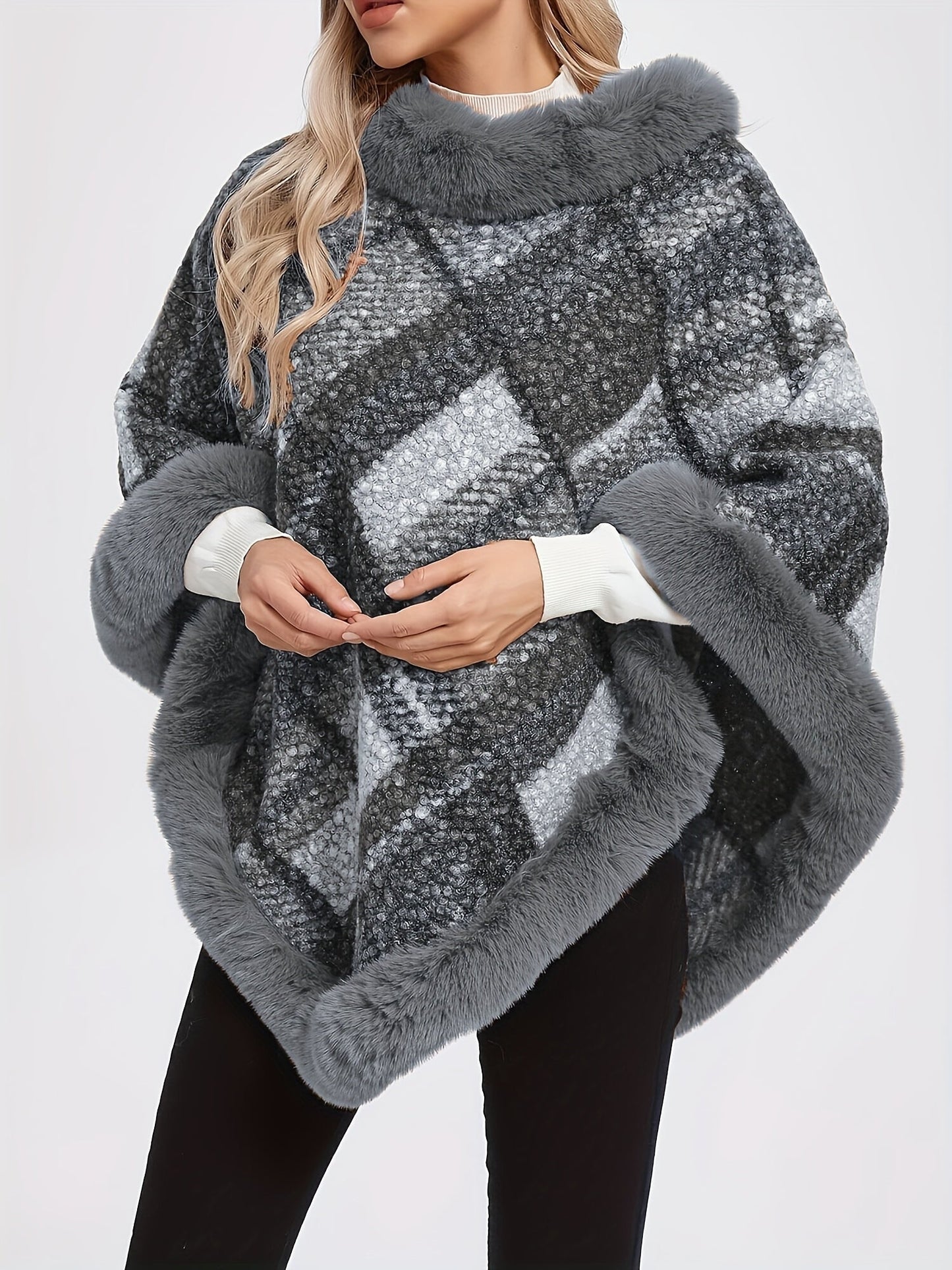 Damen Poncho mit Fellimitatbesatz, kariert, Braun/Grau