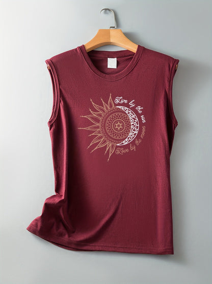 Women's Boho-Style Tank Top with Sun and Moon Print – Summer Casual Shirt