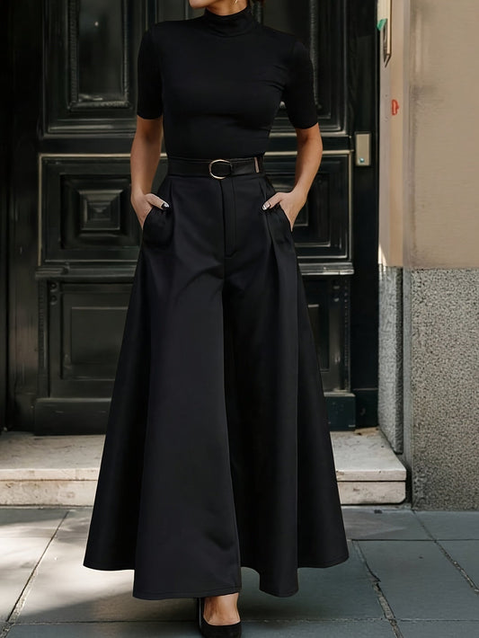 Women's Elegant Wide High-Waist Palazzo Pants with Belt for Office and Leisure