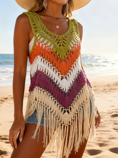 Women's Boho Beach Crochet Poncho with Fringes – Summer Swim Poncho Cover-Up