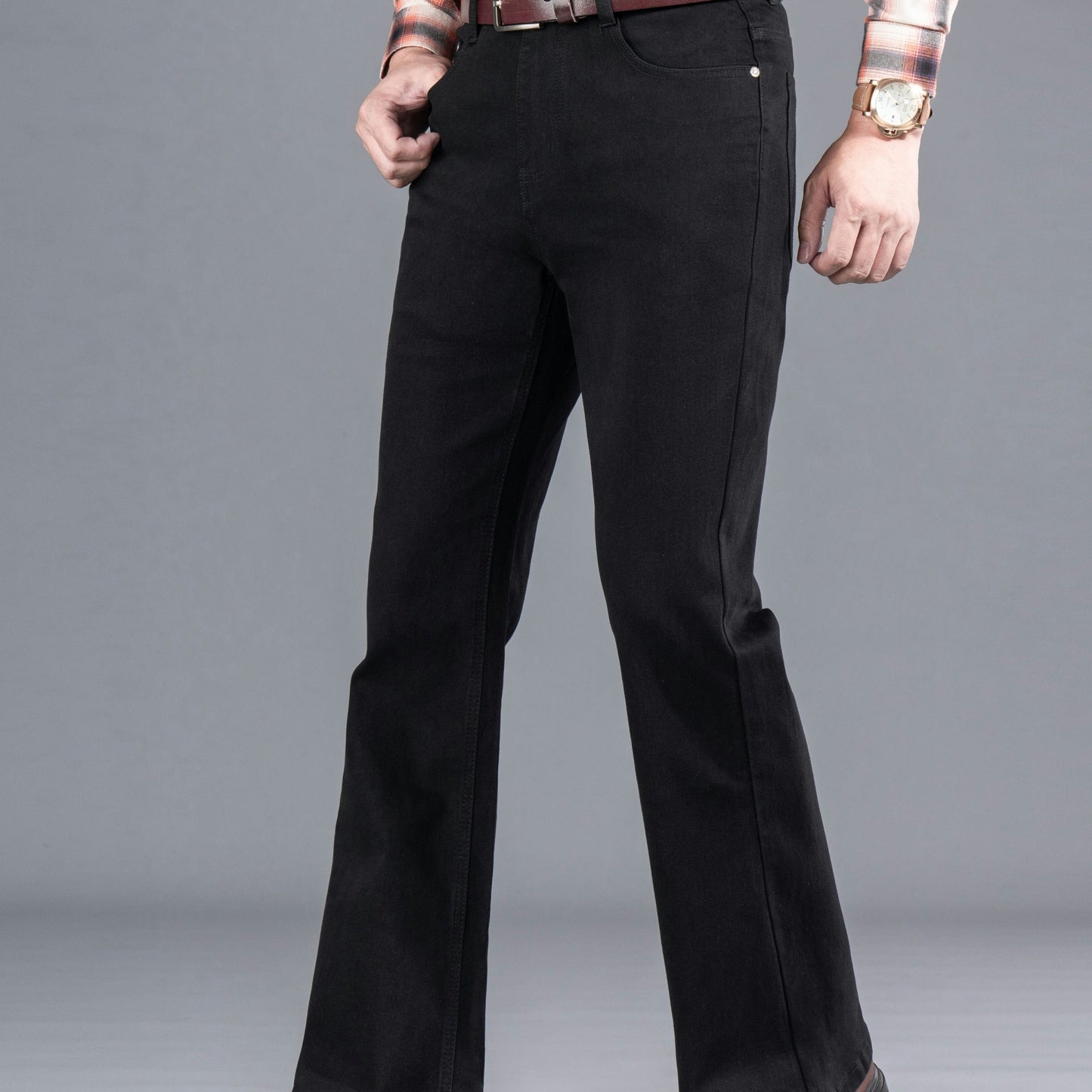 Men's black bootcut jeans with a flared leg, regular fit