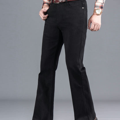 Men's black bootcut jeans with a flared leg, regular fit