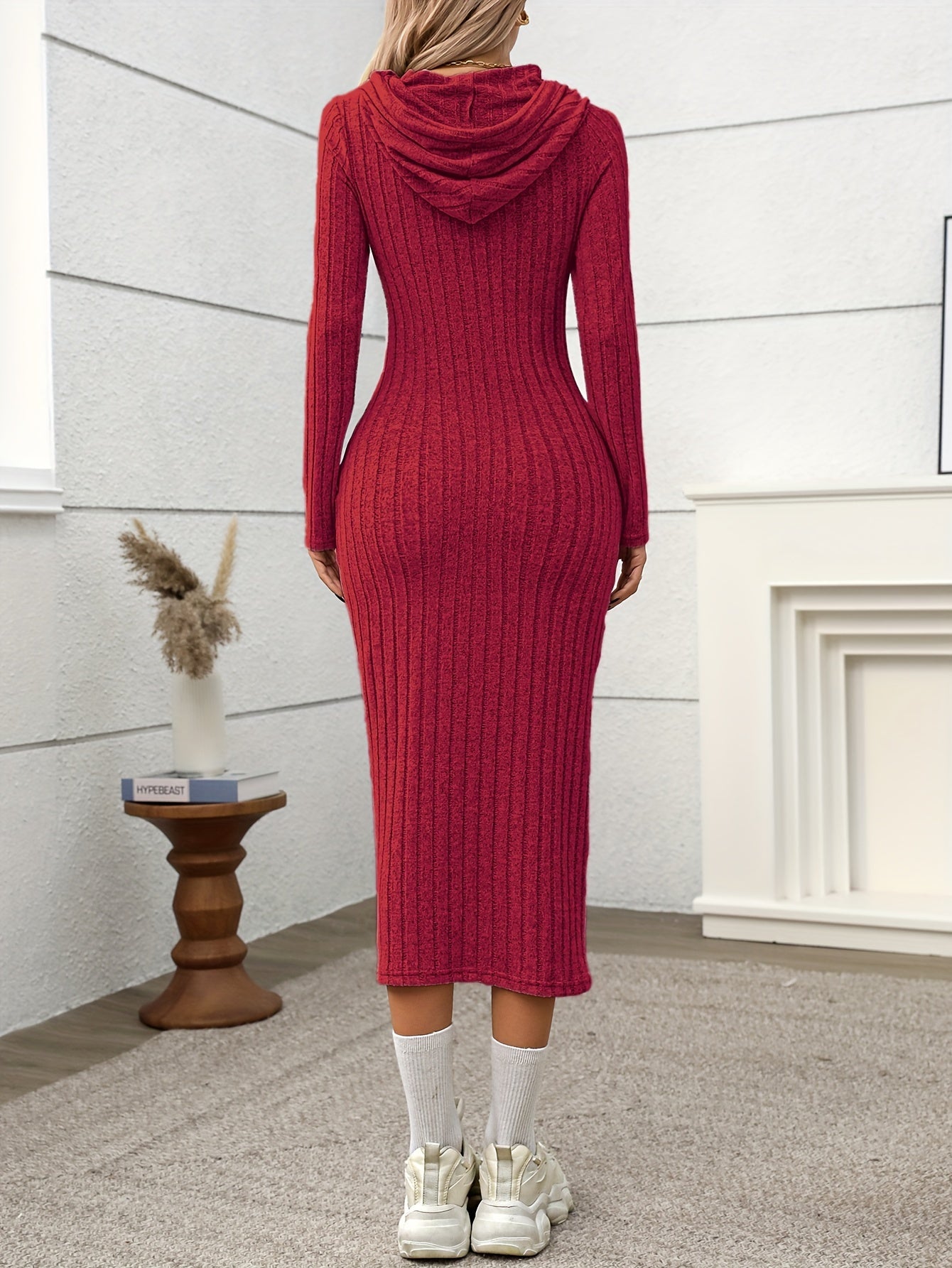Ribbed midi dress for women, long-sleeve hooded dress