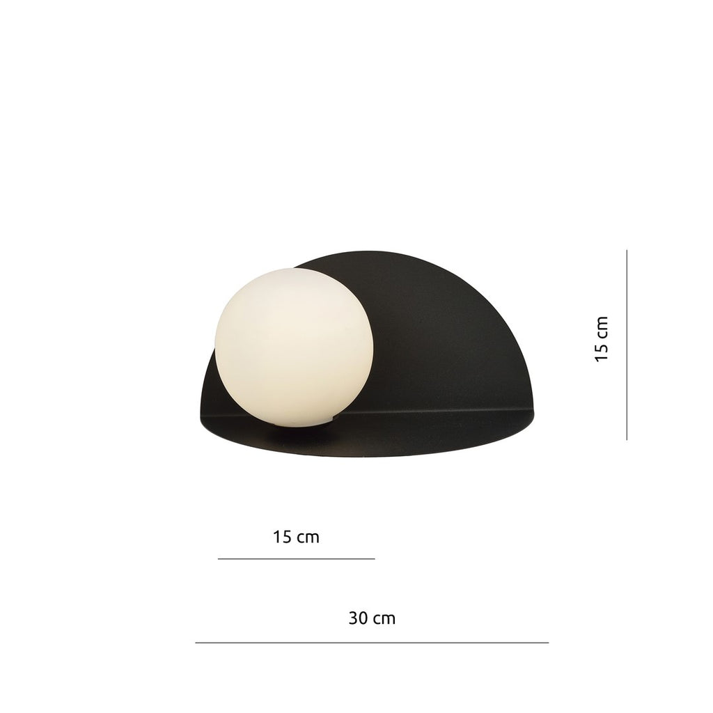 Wandlamp gepoedercoat staal en glas, minimalistisch Vorm 7, zwart met witte glazen kap Ø 14 cm