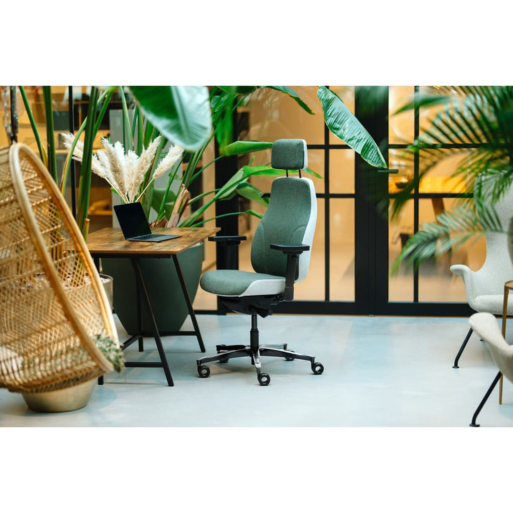 Bureaustoel ergonomisch Therapod X2 gerecyclede wol olijfgroen/asgrijs, met hoofdsteun en 3D-armleggers