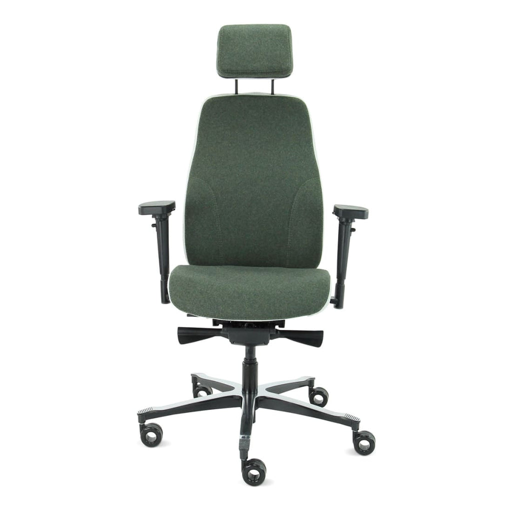 Bureaustoel ergonomisch Therapod X2 gerecyclede wol olijfgroen/asgrijs, met hoofdsteun en 3D-armleggers