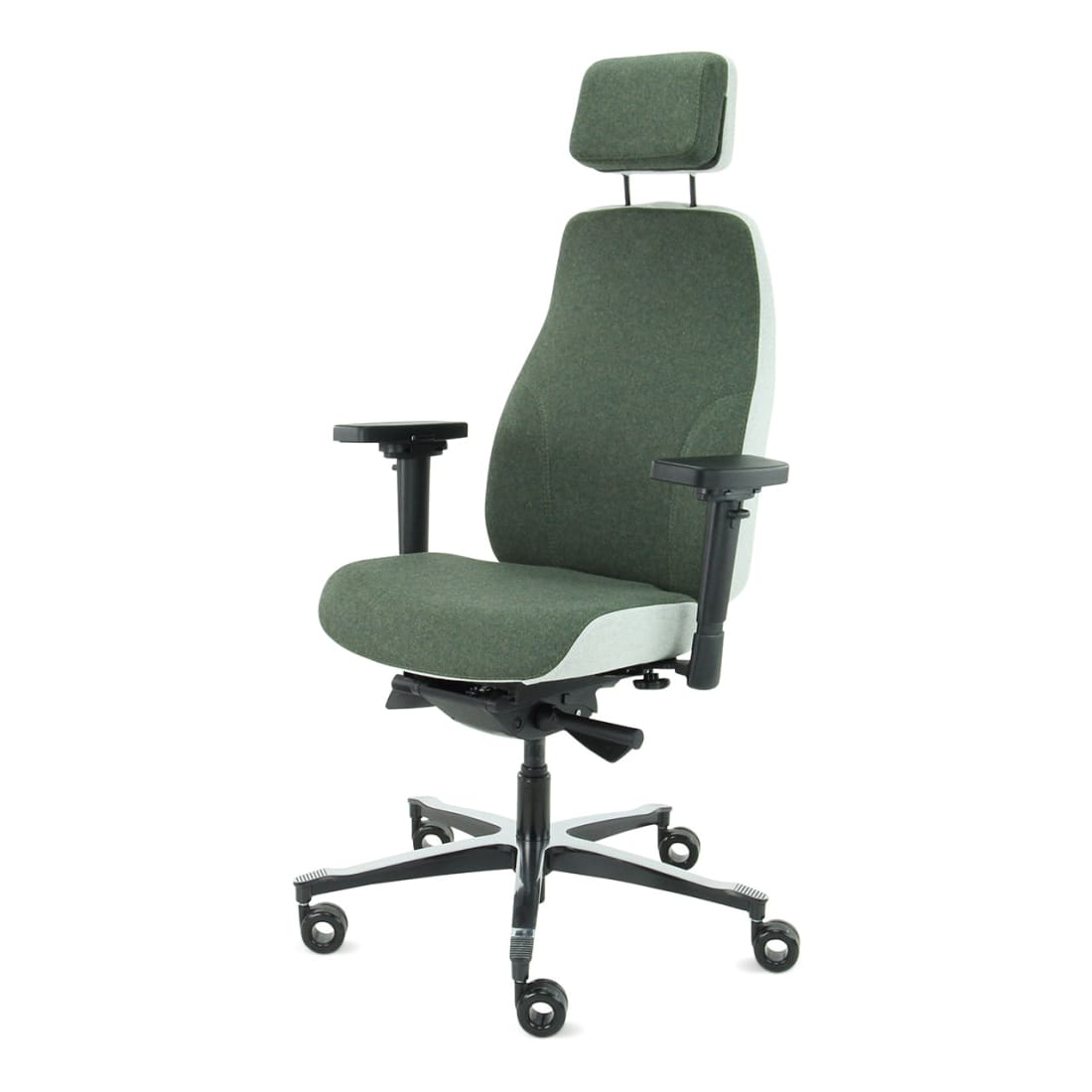 Bureaustoel ergonomisch Therapod X2 gerecyclede wol olijfgroen/asgrijs, met hoofdsteun en 3D-armleggers