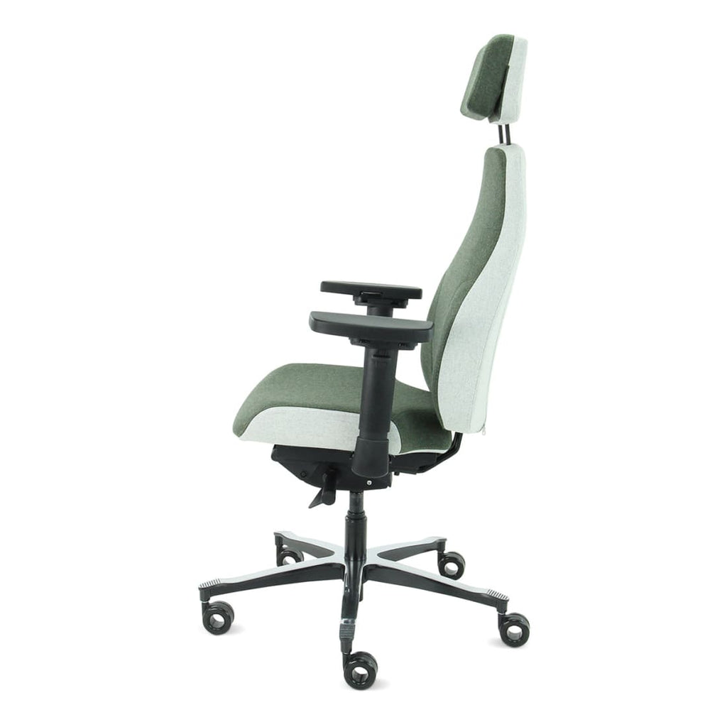 Bureaustoel ergonomisch Therapod X2 gerecyclede wol olijfgroen/asgrijs, met hoofdsteun en 3D-armleggers