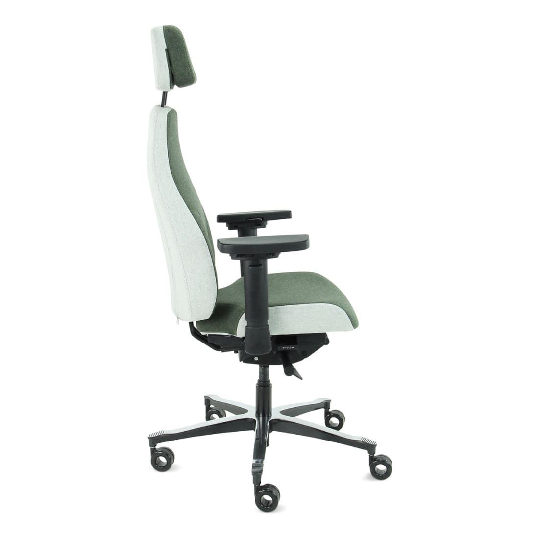 Bureaustoel ergonomisch Therapod X2 gerecyclede wol olijfgroen/asgrijs, met hoofdsteun en 3D-armleggers
