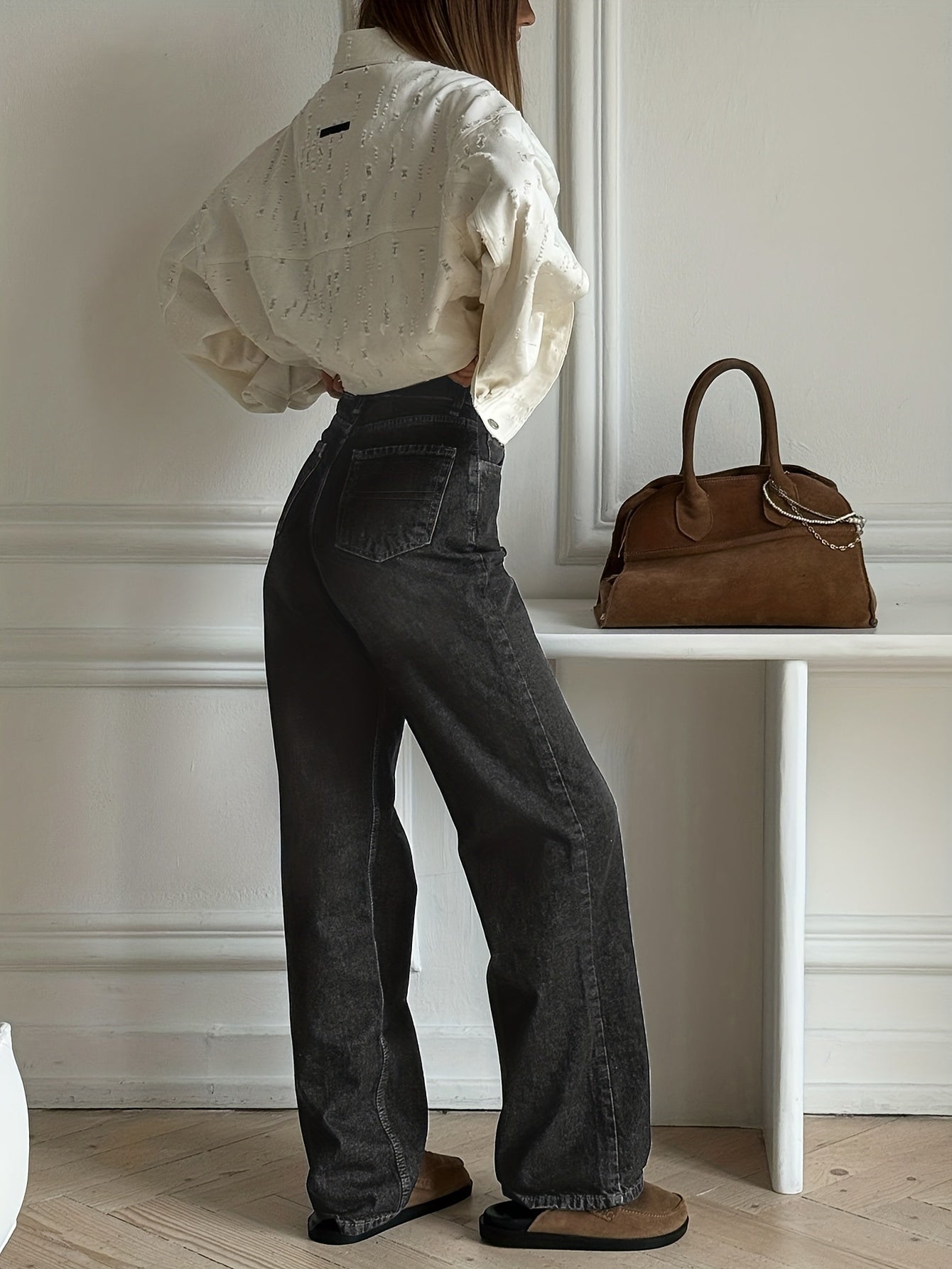Damen Weite Jeans Hoher Bund Denim Hose Faded Optik