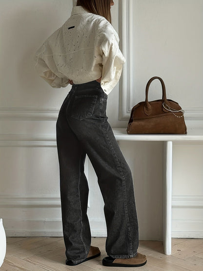 Damen Weite Jeans Hoher Bund Denim Hose Faded Optik